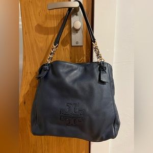 Tory Burch Large Navy Blue Pebbled Leather Tote Bag